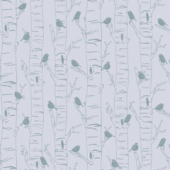 A serene seamless pattern featuring delicate hand-drawn birds perched on birch tree branches. The minimalist line art and soft muted colors evoke calm woodland charm and Scandinavian simplicity.