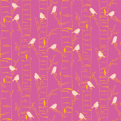 A serene seamless pattern featuring delicate hand-drawn birds perched on birch tree branches. The minimalist line art and warm colors evoke calm woodland charm and Scandinavian simplicity.