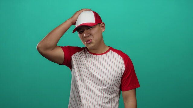 Young man in a baseball uniform stands against an isolated green background wall, looking thoughtful with one hand on his head, wearing a red and white cap.