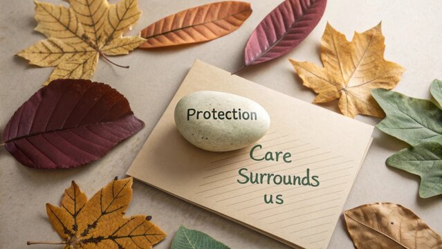 Protective Message on Card Surrounded by Colorful Autumn Leaves and a Stone Symbolizing Care and Nature's Embrace