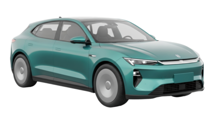 Isolated teal electric sedan car with aerodynamic design for eco transportation future