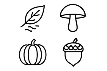 Autumn icons: leaf, mushroom, pumpkin, acorn in black outline design