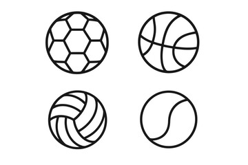 Outline icons of soccer, basketball, volleyball, and tennis balls