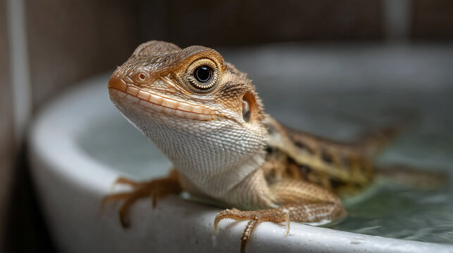 Close up of a green bearded dragon lizard resting on a tree in the wild