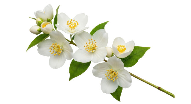 Isolated sprig of mock-orange with open blooms and unopened buds, beautiful flowers in summer