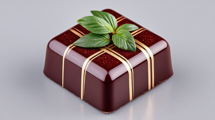 Professionals glossy chocolate bonbon with gold stripes and fresh mint leaf elegant confectionery square treat captures artisan confection