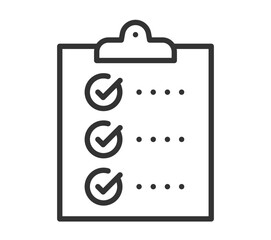 Simple checklist on clipboard with three checkmarks in black and white line art