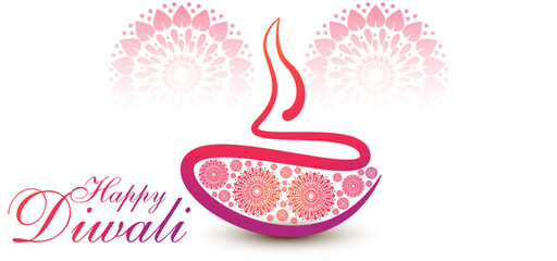 Happy Diwali Festival Illustration with Glowing Decorative Diyas, Elegant Pink Mandala Patterns, Warm Festive Light Background, and Indian Celebration Greeting Card Design
