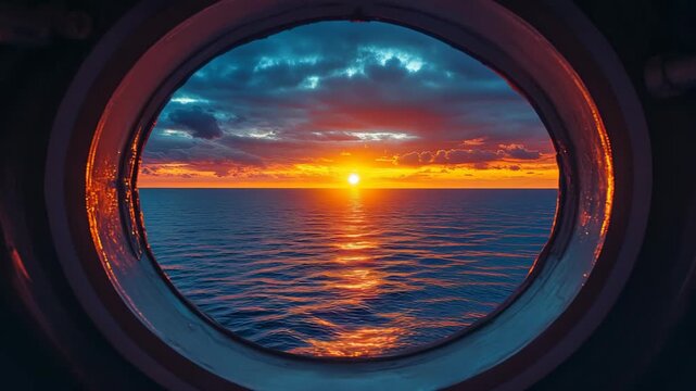 A beautiful sunset over calm ocean horizon viewed through round ship porthole, symbolizing travel, adventure, maritime journey, relaxation, vacation, tourism, marine life, and seafaring lifestyle.