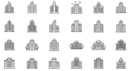 Set of twenty-four modern city buildings and architecture line icons style vector
