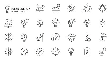 Solar Energy Line Icon Set: Renewable Resources and Sustainable Power Solutions