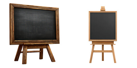 Two Wooden Easels with Blank Chalkboards for Creative Use isolated on transparent background.