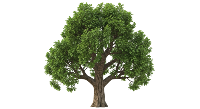 Isolated deciduous tree with a strong trunk and healthy green leaves in summer sunshine