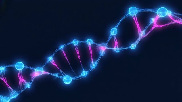 Abstract glowing DNA helix made of blue and pink molecules on dark background, symbolizing genetics, biotechnology, science research, medical innovation, molecular biology, and futuristic discovery. - Powered by Adobe