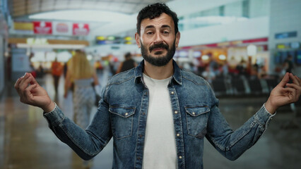 Hispanic man with a beard meditates at airport terminal, surrounded by passengers in a bustling...