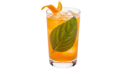 Isolated tall glass of orange-colored drink with ice cubes, leaf, citrus twist garnish
