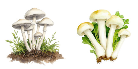 Detailed Illustration of Edible Mushrooms with Green Leaves isolated on transparent background.