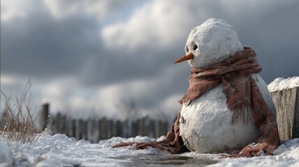 Snowman sits quietly in backyard, drooping with a tired carrot nose on a winter afternoon
