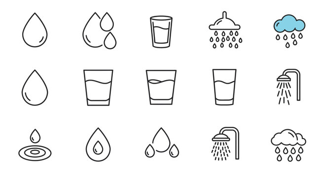 Vector illustration set of water related icons in outline style showcasing purity