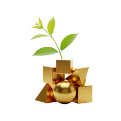 Sustainable Growth Green Plant Sprouting from Golden Geometric Forms on Black
