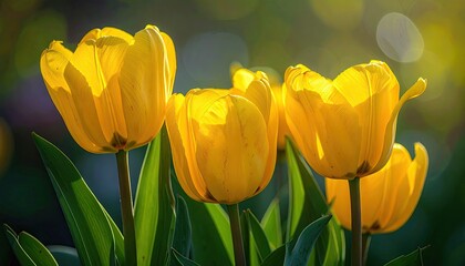 Obraz premium Vibrant Yellow Tulips in Sunlight with Dew Drops and Blurred Green Background