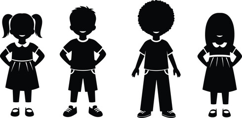 Children silhouette, diverse kids, standing together, black vector, hairstyle variety, clothing styles, unity, diversity, education, inclusion, flat design, icon set