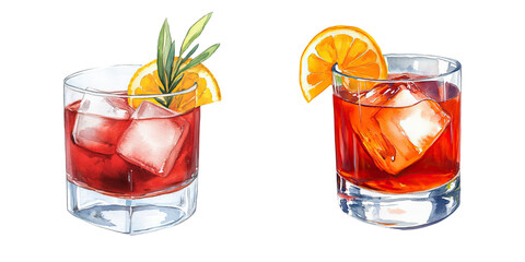 Refreshing Cocktails with Citrus Garnish and Ice Cubes in Glasses isolated on transparent background.