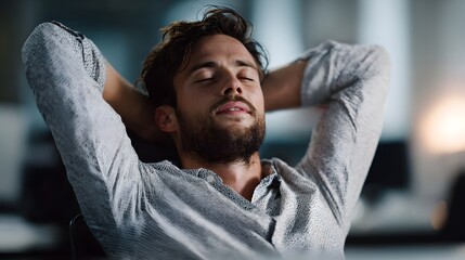 Fototapeta premium Man with eyes closed resting in office chair hands behind head looking relaxed