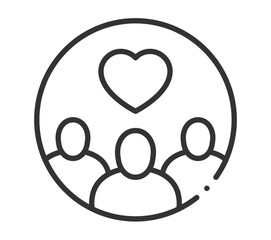 Heart symbol above group of three people icons in a circle