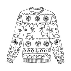 Christmas sweater vector line art, cozy winter pullover with reindeer and snowflake patterns, black outline illustration ideal for coloring pages, festive designs, and holiday fashion graphics.