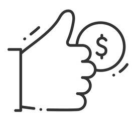 Thumbs up with dollar sign coin icon indicating financial success and approval