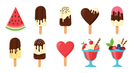 A collection of delicious frozen desserts and a slice of watermelon.