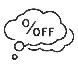 Discount cloud thought bubble with percent off symbol in black and white