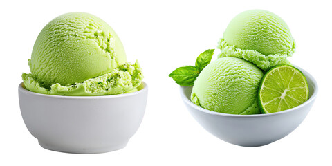 Refreshing Green Mint Ice Cream in Bowls with Lime Slices isolated on transparent background.