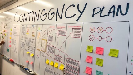 Detailed Contingency Plan Visualized on Whiteboard with Colorful Sticky Notes and Written Notes in Collaborative Space