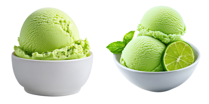Refreshing Green Mint Ice Cream in Bowls with Lime Slices isolated on transparent background.