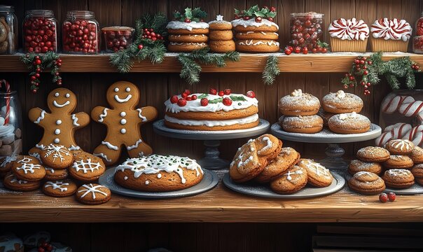 Festive Christmas Bakery Display with Gingerbread Men and Cakes