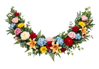 A vibrant floral arrangement in a semicircle shape, showcasing a spectrum of colorful flowers and greenery against a striking black backdrop.