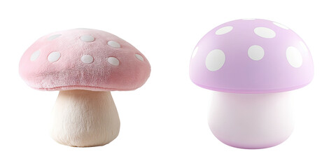 Decorative mushroom lamp and plush toy in pastel colors isolated on transparent background.