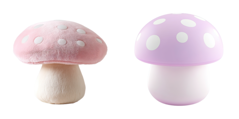 Decorative mushroom lamp and plush toy in pastel colors isolated on transparent background.