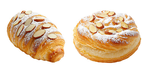 Freshly Baked Almond Croissants with Powdered Sugar Garnish isolated on transparent background.
