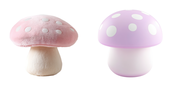 Decorative mushroom lamp and plush toy in pastel colors isolated on transparent background.