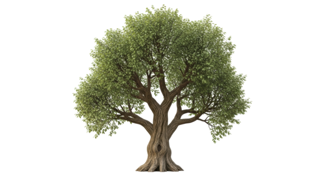 Isolated leafy tree with a thick trunk and spreading branches in full summer foliage