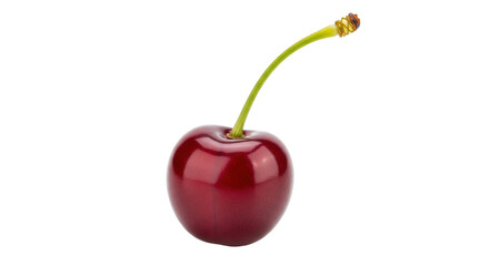 Isolated shiny red cherry with stem, a single fresh fruit, healthy sweet ingredient