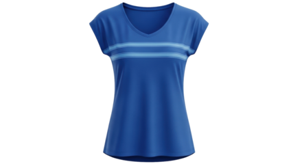 Isolated blue v-neck short-sleeved woman's t-shirt with stripes, casual, athletic wear, studio shot