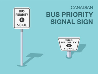 Traffic regulation rules. Isolated canadian "bus priority signal" road sign. Front and top view. Flat vector illustration template.