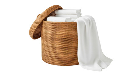 Isolated rattan laundry hamper filled with fresh towels for home hotel or spa storage needs