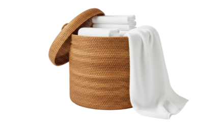 Isolated rattan laundry hamper filled with fresh towels for home hotel or spa storage needs