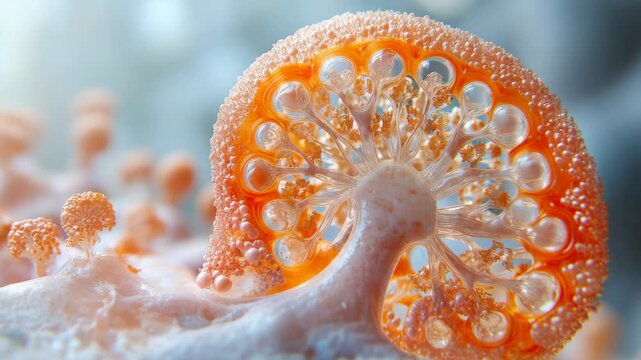A close up artistic macro view of orange and transparent organic structure resembling cells or coral, illuminated with bright light, biology, microbiology, nature, science and futuristic design.