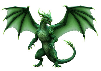Obraz premium A vibrant, emerald green dragon with majestic wings stands against a black background, showcasing intricate scales and powerful claws.